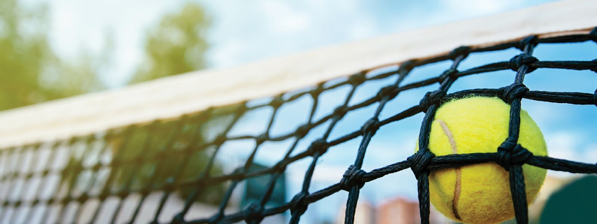 The tennis ball hits the net
